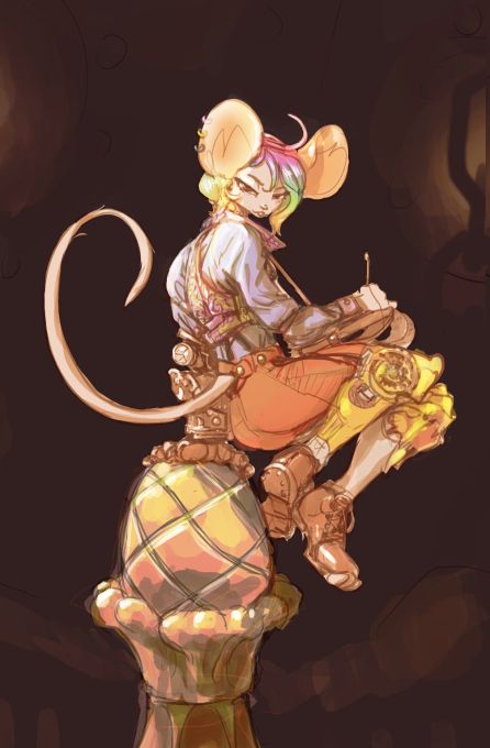 A digital illustration of an anthropomorphic mouse based on Palette Jam! In this steampunk styled scene, she is depicted perched upon an ornamental golden egg, supporting her entire weight on her left arm which appears mechanical, matching an equally mechanical looking right leg. In tribute to her artistic occupation, she is seen holding a drawing utensil and sketch folio mounted cleverly onto a harness.