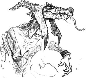 A sketch of a kobold character I use as an avatar, done in a more dramatic style than my usual.