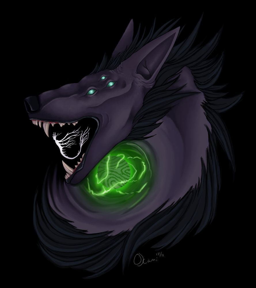 The Dread Wolf from Dragon Age consuming his spirit self with his orb in the center 