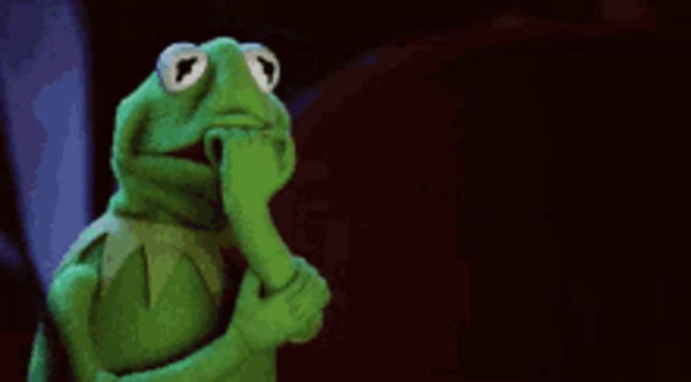 kermit the frog is holding his hand to his chin while thinking .