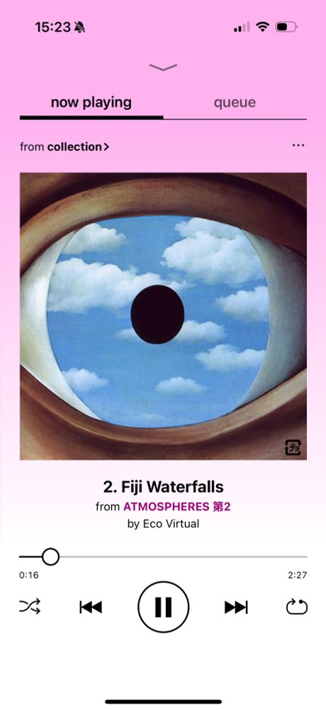 Fiji Waterfalls by Eco Virtual an early (?) vaporwave artist. The album artwork is a drawn eye but the iris is a blue cloudscape. 