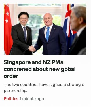 Story from RNZ news with amazingly spelled headline "Singapore and NZ PMs concrened about new gobal order"