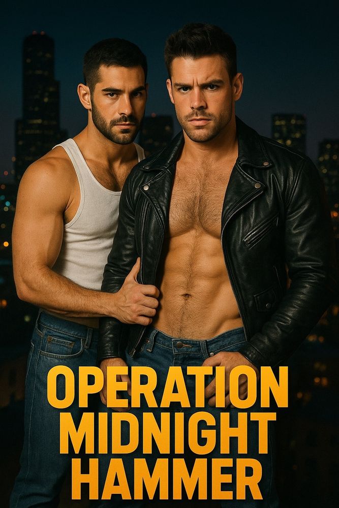 A fake book cover featuring two muscular, handsome men standing close together against a dark, out-of-focus city skyline at night. The man on the left wears a white tank top and has his right hand holding the forearm of the man in front of him, who is wearing jeans and a black leather jacket that is open revealing his bare chest. Both men look intensely at the viewer. The title "OPERATION MIDNIGHT HAMMER" is in large, bold, orange text across the bottom of the image.

Initial draft of alt text generated with thr help of Google Gemini.