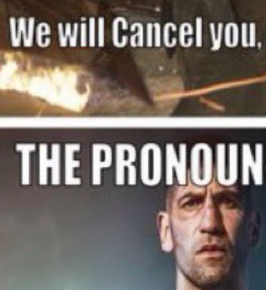 "We will cancel you, THE PRONOUN"
The Pronoun(isher) stares distantly like a veteran with PTSD