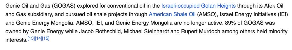 Wikipedia Genie Energy screenshot outlining gas exploration in the Golan Heights