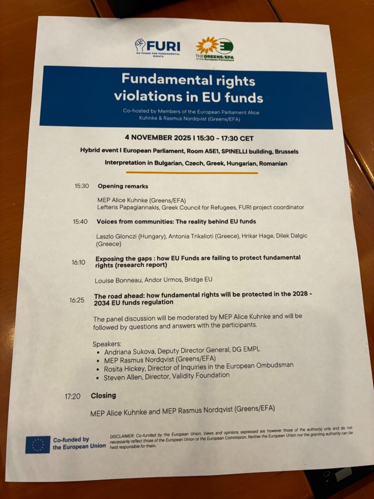 A printed agenda for a European Parliament event titled "Fundamental rights violations in EU funds" co-hosted by FURI and The Greens/EFA. The document shows the event date (4 November 2025), time (15:30-17:30 CET), location (Room A5E1, SPINELLI building, Brussels), and lists speakers and discussion topics related to EU fund violations and fundamental rights protection.