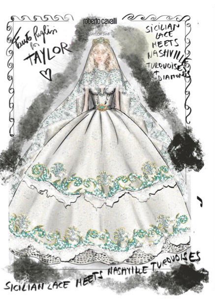 Roberto Cavalli sketch of Taylor Swift in white ball gown wedding dress with turquoise trim