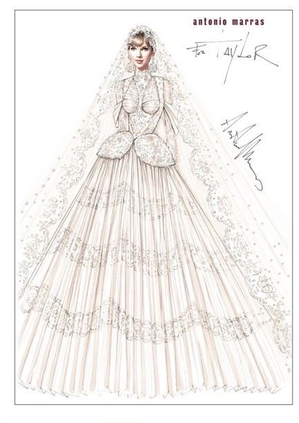 Antonio Marras sketch of Taylor Swift in white collared wedding dress 
