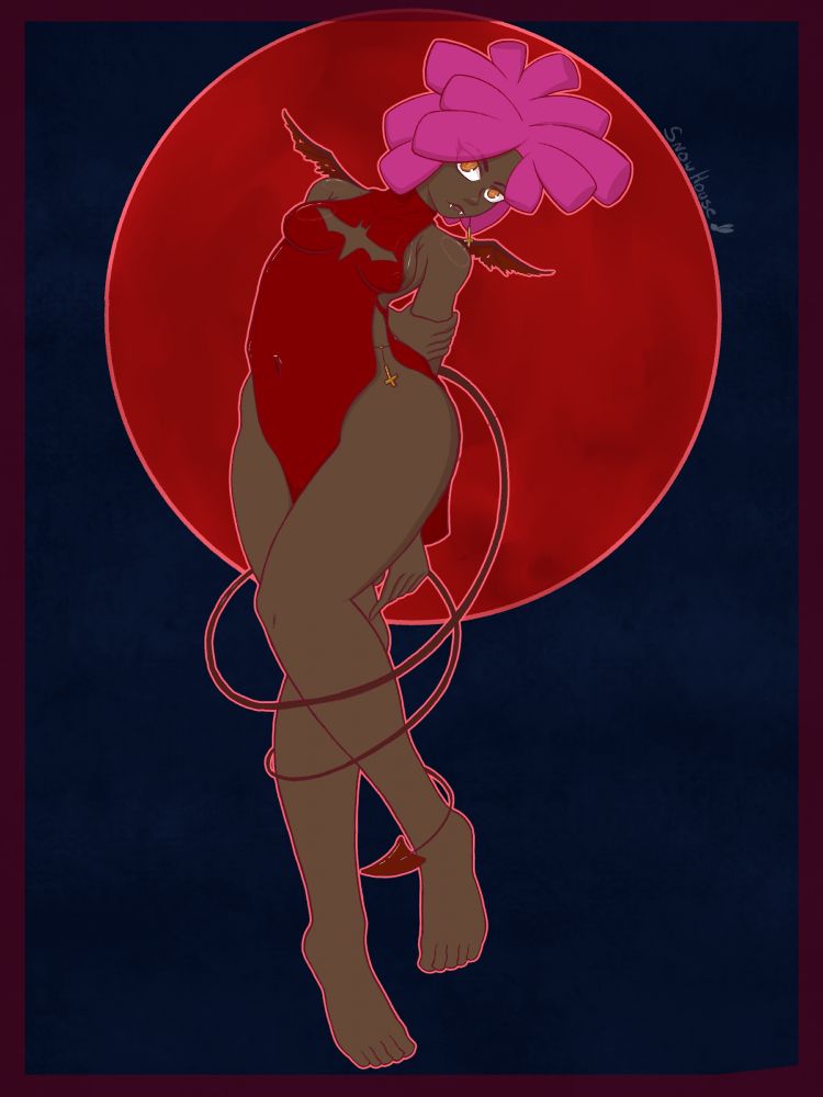 A dark skinned succubus, with pink hair, floats in front of a blood moon, in a sexy red dress.