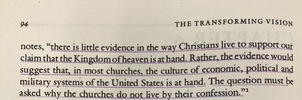 notes, "there is little evidence in the way Christians live to support our claim that the Kingdom of heaven is at hand. Rather, the evidence would suggest that, in most churches, the culture of economic, political and military systems of the United States is at hand. The question must be asked why the churches do not live by their confession."