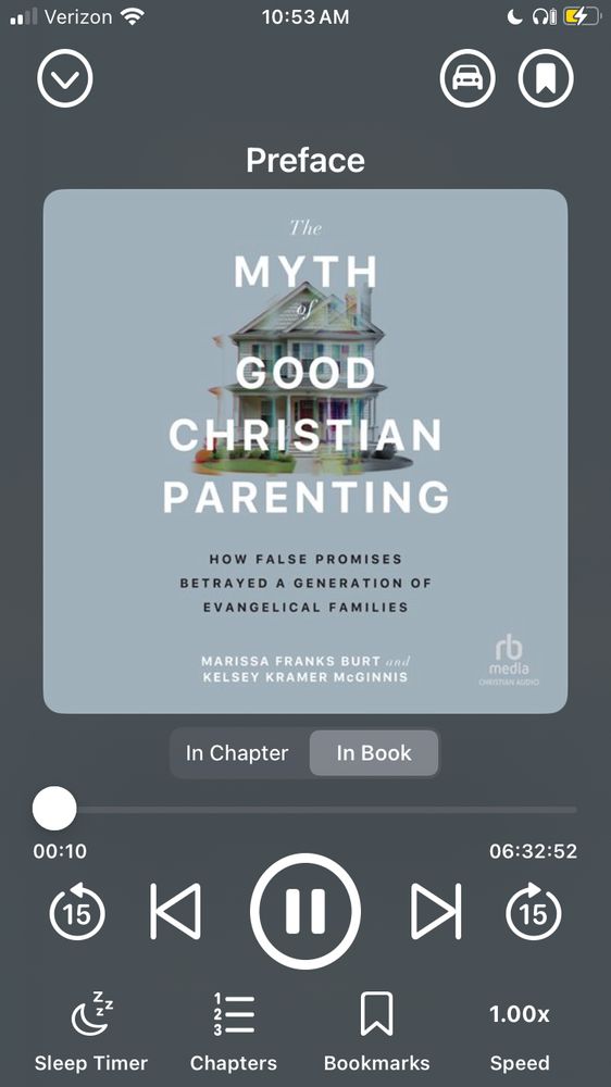 Screenshot of Hoopla app showing the audio book - The Myth of Good Christian Parenting: How false promises betrayed a generation of Evangelical families by Marissa Franks Burt and Kelsey Kramer McGinnis