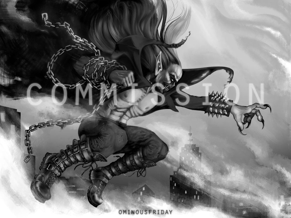 A nosferatu vampire with a heavy chain wrapped around his arm leaping through a misty night sky. He is wearing a spiked gauntlet, strappy leather boots, and a nebulous black coat that flows behind him.