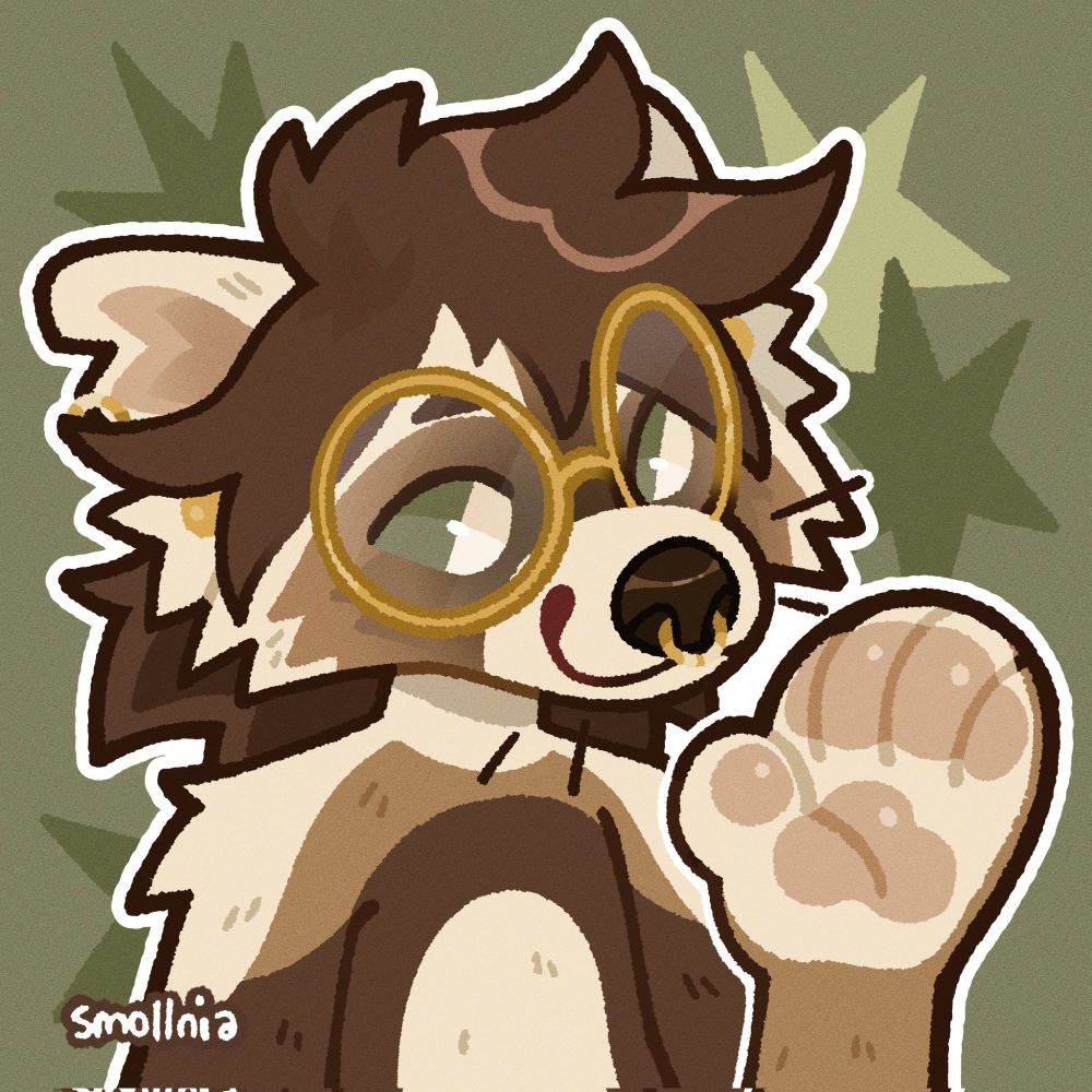 drawing of a brown tan and white raccoon with gold glasses and piercings
