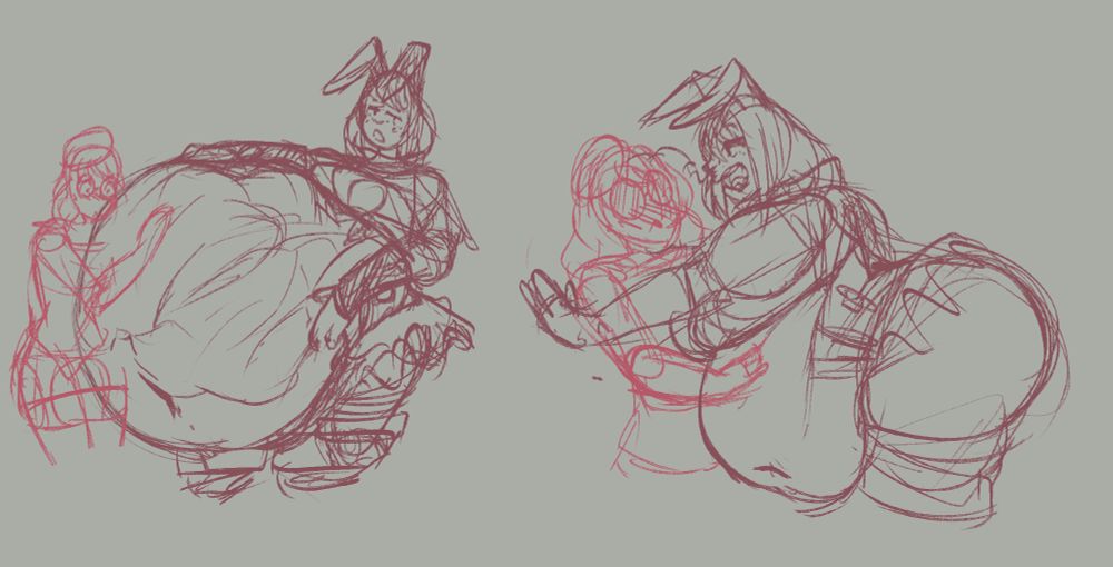 2 sketches, first of Neapolitan with two other party members squirming in her engorged gut, Felicity outside, scaroused, her face pressed against the skin of the caustic organ. Second has Nea pinning Felicity against a wall with her added heft, letting loose a belch that fogs up Feli's glasses. Her stomach is a lot smaller, its contents thoroughly liquified.