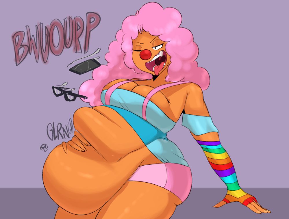 sabrina's clowngirl belching up a phone and pair of glasses with a smug smile on her face, her stomach, despite containing what used to be an entire person, is now mostly bloated with a thick slurry of digesting meat, a single clench mulching her prey