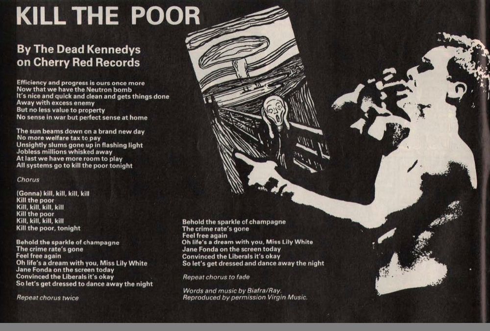 The lyrics for Kill The Poor by The Dead Kennedys reproduced in the 13-26 November 1980 edition of Smash Hits