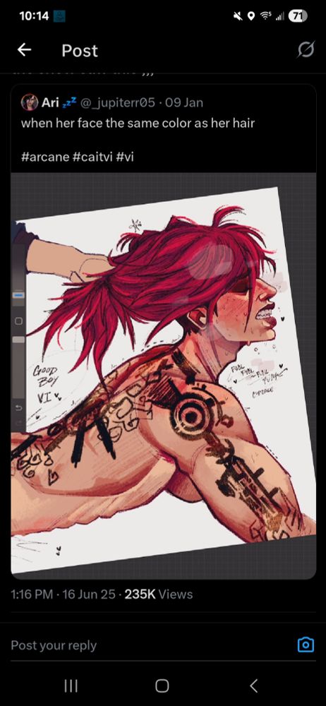 Screenshot of a Twitter post of art depicting Vi from arcane getting called good boy while getting pounded doggystyle