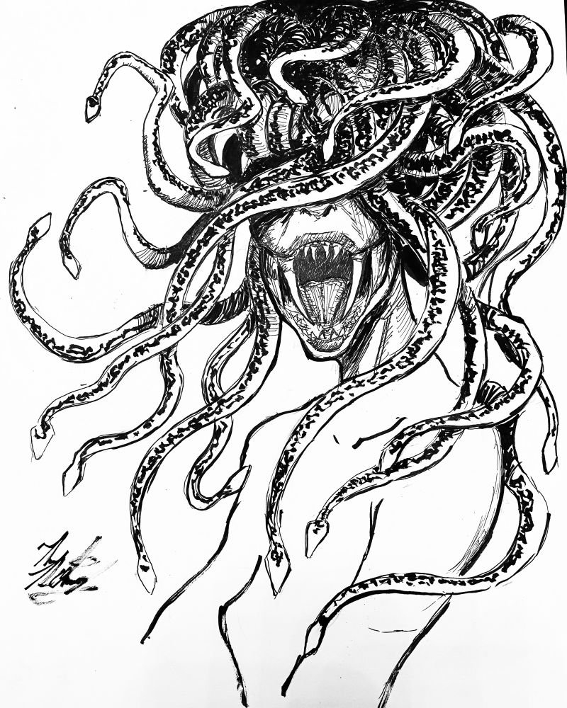 An ink drawing of Medusa/a Gorgon. Her snakes cover her eyes and her mouth is open revealing large fangs.
