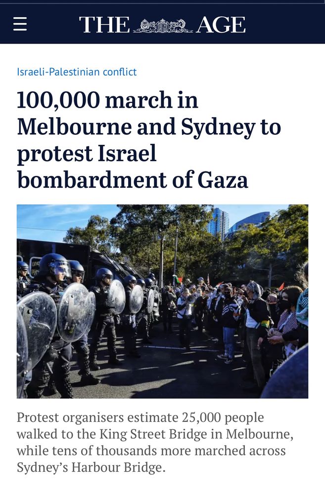 The Age headline; “100,000 march in Melbourne and Sydney to protest Israel bombardment of Gaza” 
JFC 