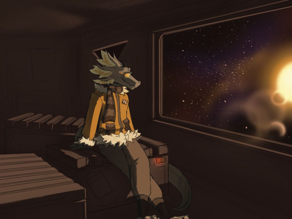 an anthro lizard sits on a crate in a cargo shuttle, staring out into space at a distant star shining bright. They’re wearing a warm winter jacket and a scarf, with some other crates scattered around them.