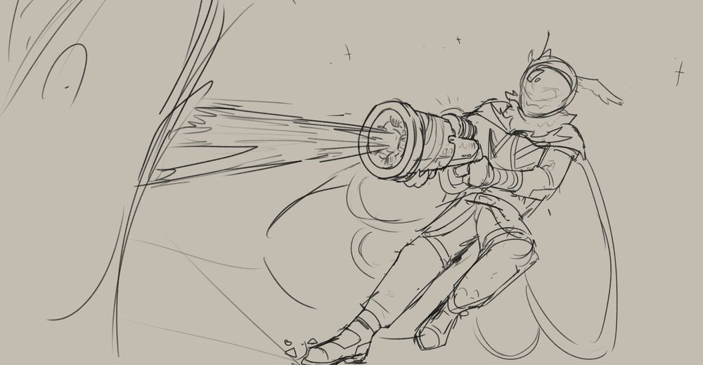 sketch of a moth roughly shooting a space carp, based on space station 14