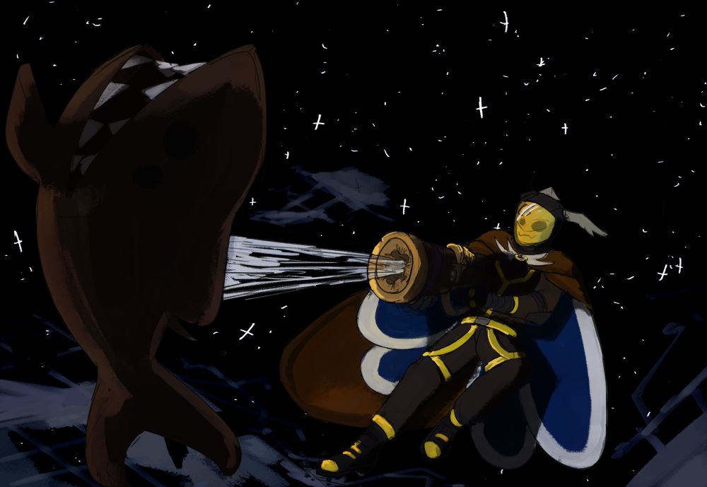 Moth in a luxury hardsuit shooting jumping away and shooting at a space carp in a debris field. 