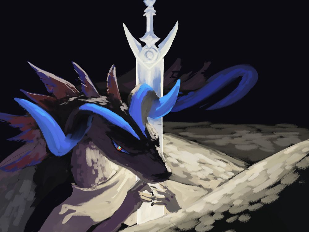A large, serpent-like dragon with large blue horns frames a brightly glowing sword. Their body wraps beyond the borders multiple times.