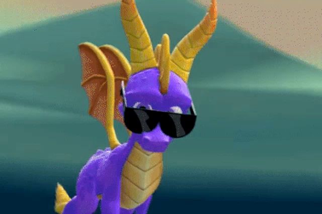 a purple and yellow dragon with sunglasses on