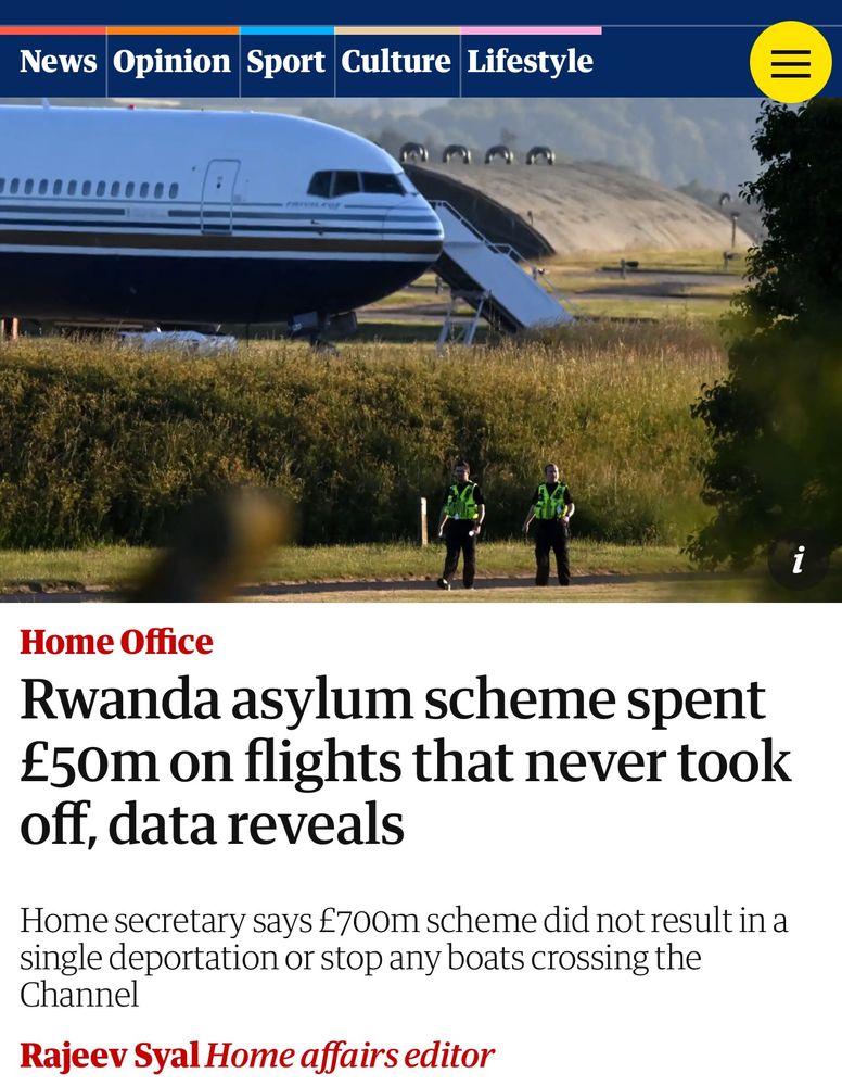 Headline:

Rwanda asylum scheme spent £50m on flights that never took off, data reveals