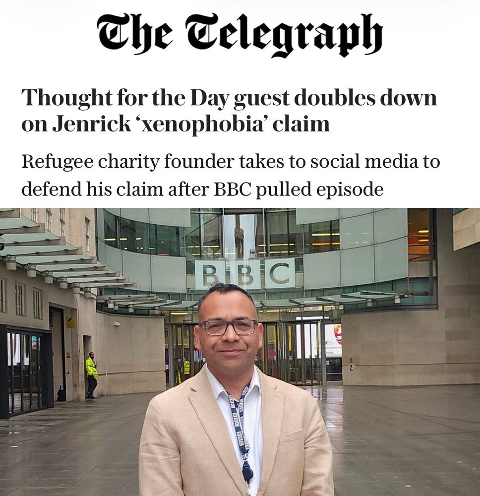The @elegraph Thought for the Day guest doubles down on Jenrick 'xenophobia' claim Refugee charity founder takes to social media to defend his claim after BBC pulled episode BIBIC