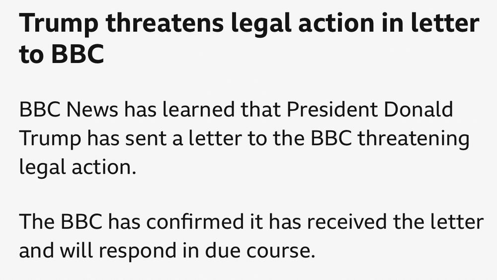 Trump threatens legal action in letter to BBC
BBC News has learned that President Donald Trump has sent a letter to the BBC threatening legal action.
The BBC has confirmed it has received the letter and will respond in due course.