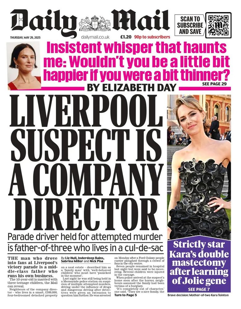 Daily
Mail
SCAN TO SUBSCRIBE AND SAVE
dailymail.co.uk
€1.20 90p to subscribers
Insistent whisper that haunts me: Wouldn't you be a little bit happier if you were a bit thinner?
BY ELIZABETH DAY
LIVERPOOL SUSPECT IS A COMPANY DIRECTOR
Parade driver held for attempted murder is father-of-three who lives in a cul-de-sac
THE man who drove into fans at Liverpool's victory parade is a mid-dle-class father who runs his own business.
The 53-year-old is married with three teenage children, the Mail can reveal.
Neighbours of the company director - who lives in a smart, £300,000, four-bedroomed detached property
By Liz Hull, Inderdeep Bains, Sabrina Miller and Nick Pisa
on a neat estate - described him as a 'family man' with 'well-behaved children' who must have 'panicked in the moment.
Last night he was still being held in a Merseyside police station on suspicion of multiple attempted murders, driving under the influence of drugs and dangerous driving alter detec-
uves were even an
extension to
question him further. He was arrested on Monday after a Ford Galaxy people carner ploughed through a crowd of
ans in the city centre
Seven people remained in hospital ast night but were said to be recov ring. Several children were injurec in the carnage.
When police arrived at the suspect's home soon after the horror, neigh-bours assumed the family had been victims of a burglary.
'It's completely out of character, one said. They are a nice family, the Turn to Page 5
Strictly star
Kara's double mastectomy after learning of Jolie gene
SEE PAGE 7
Brave decision: Mother-of-two Kara Tointon