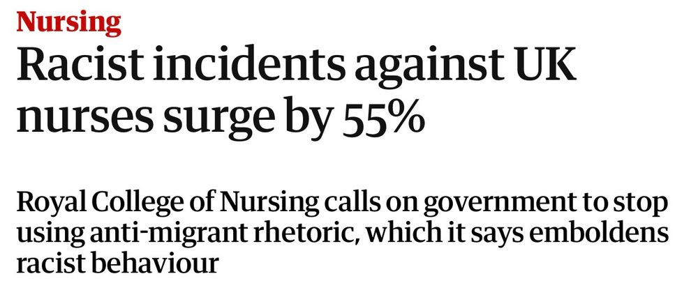 Nursing
Racist incidents against UK
nurses surge by 55%
Royal College of Nursing calls on government to stop using anti-migrant rhetoric, which it says emboldens racist behaviour