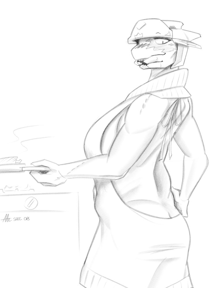 Sangheili lady in apron, while cooking something