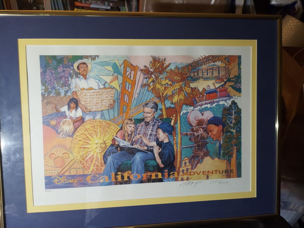 Disney's California Adventure. Cast member print commemorating the opening of DCA. Illustration by Charles Boyer features the California Screamin' coaster, the Sun Wheel, the Golden Gate Bridge, hang gliders, Grand Californian Hotel, Grizzly River Rapids, a grandfather reading a book to a boy and a girl, a 1940's era person operating a film camera, a farm worker carrying a basket of produce, and an indigenous woman weaving a basket.