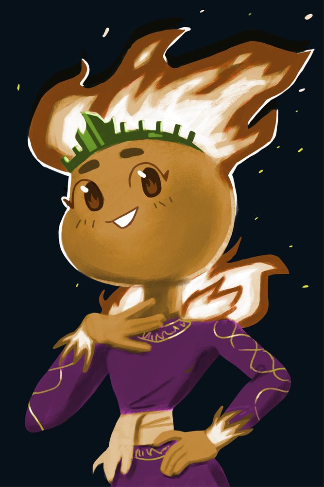 Female character with elements on fire onthem. Has a happy smile. Right hand on chest. Left hand on waist. Looking at viewer. Wearing a blusih dress.