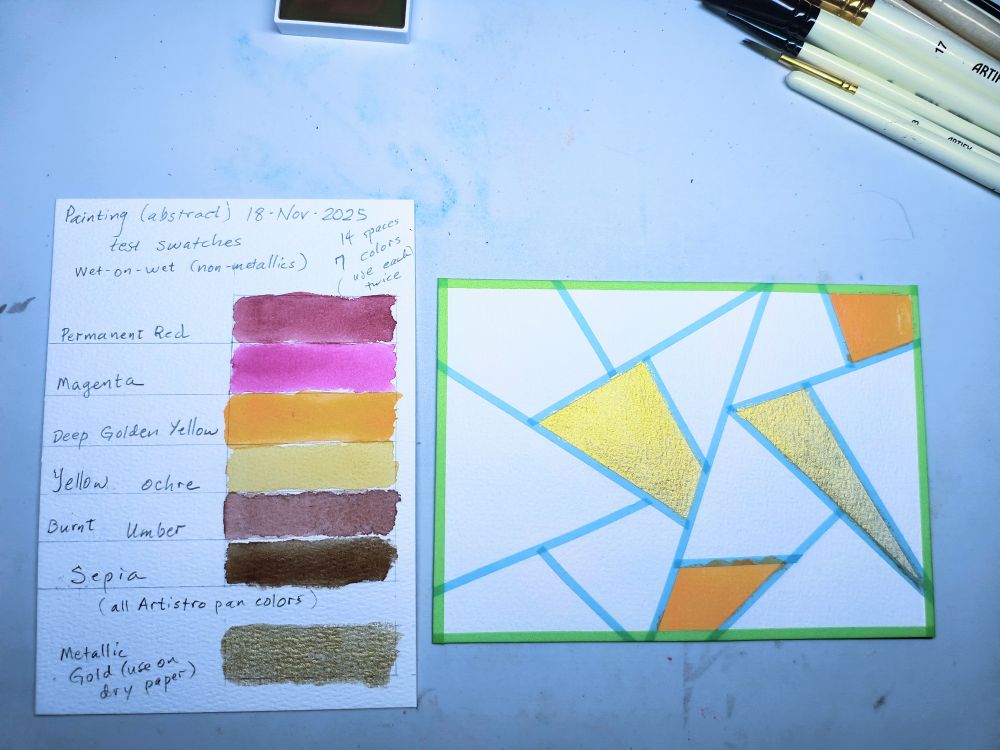 Small watercolor painting begun, with a test swatch of the colors to be used. This is an Autumn 🍁 theme, so colors are Permanent Red, Magenta, Deep Golden Yellow, Yellow Ochre, Burnt Umber, Sepia, and Metallic Gold.