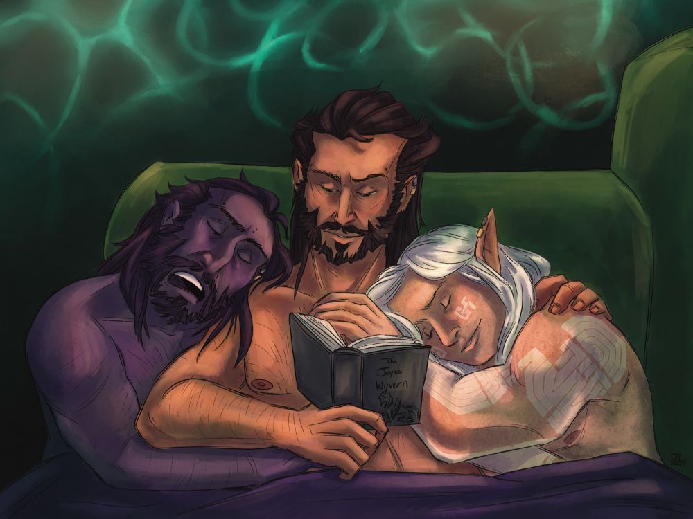 Lucanis reading to a sleeping Spite and Rook on Rook’s couch. He’s reading the Joyus Wyvern 