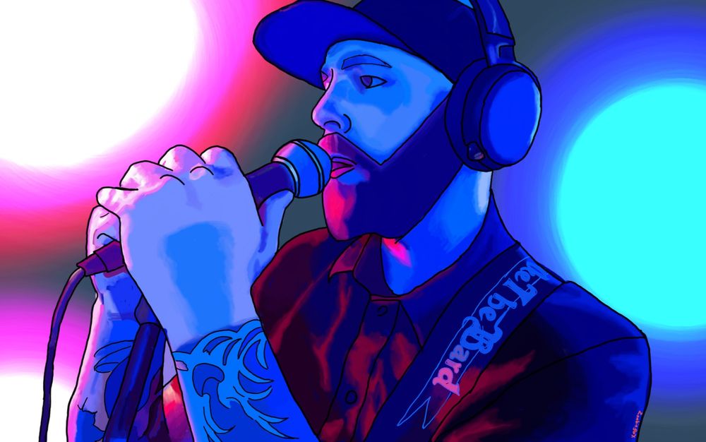 A digital drawing of a man singing into a microphone with headphones on and lights in the background.