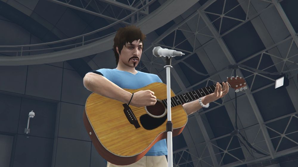 Video game character, male, strumming an acoustic guitar and appearing to sing into a microphone on a stage with a large blue and grey dome over it.