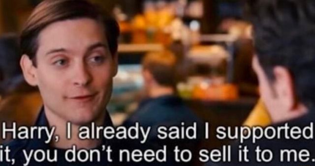 Meme with Peter Parker saying "Harry, I already said I supported it, you don't need to sell it to me."