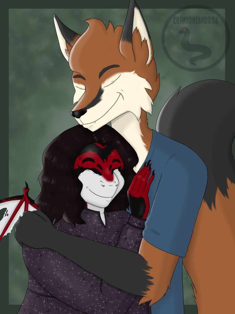 A fox fursona with a black tail tip is hugging a red dragon snake sona.