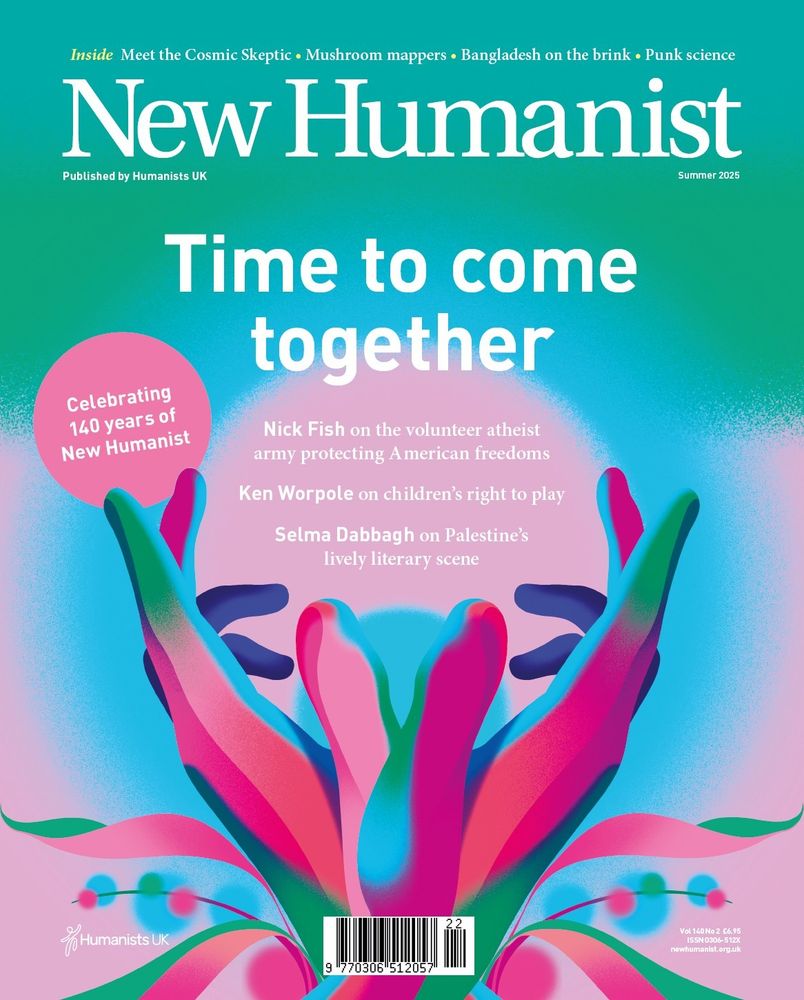 The cover of New Humanist's next issue is an illustration of a pair of hands, folded together in the shape of a budding flower. The cover line reads "Time to come together"