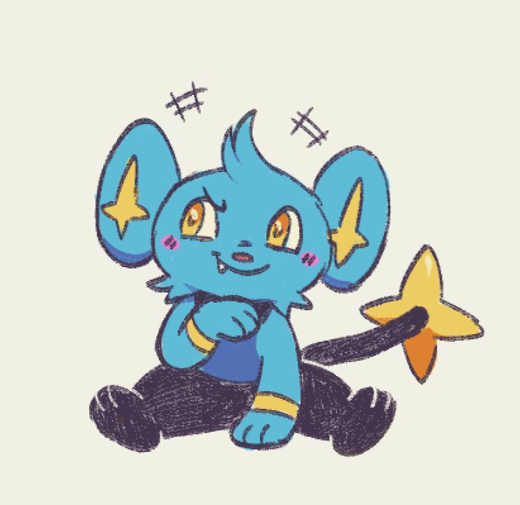 a small colored sketch of the Pokemon Shinx. It is sitting up with one paw up towards its chin and one on the ground, its legs splayed out on either side. It's facing towards us looking to the left with a sly grin, one fang peeking out to the side. Little lines above the head indicate it's making sound, perhaps a chuckle  