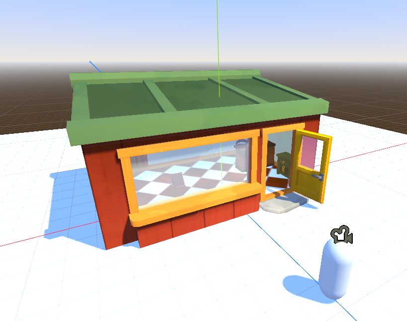 screen shot of a 3D model of the exterior of a little shop in Godot, the colors are warm. A little pill stands to the side waiting patiently to enter  