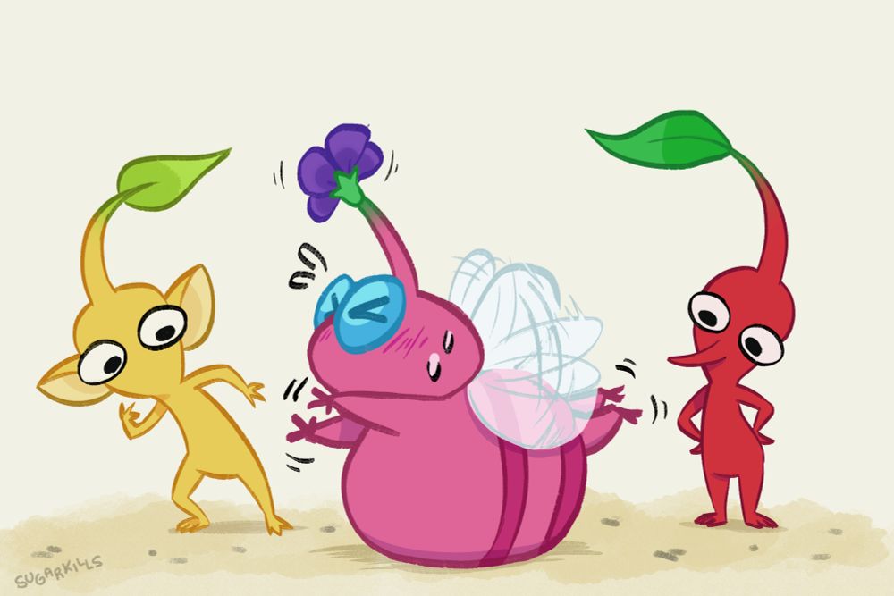 A cartoon drawing of 3 pikmin. A yellow and red pikman stand staring curiously at a very rotund pink winged pikman who is flapping their wings very fast in a futile attempt to get off the ground. 