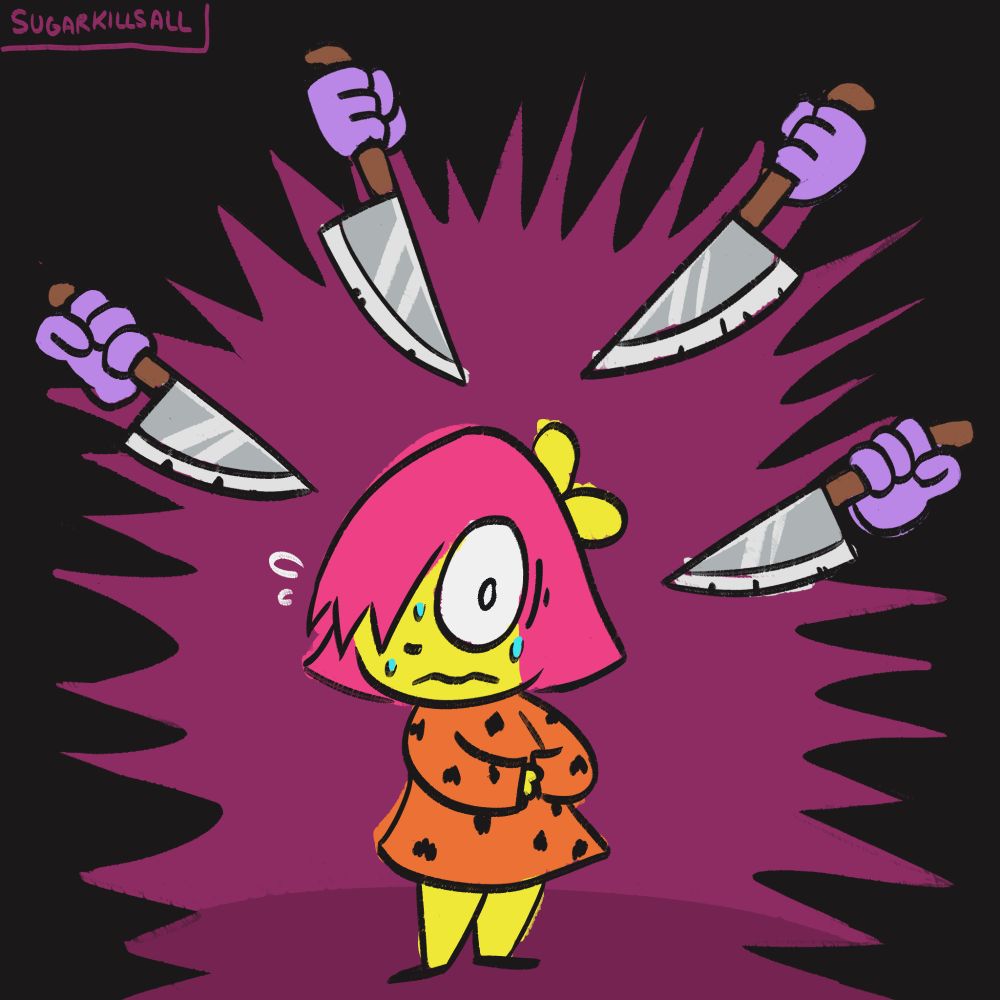 a drawing of the character BB from Anthology of the Killer. She stands in the center looking nervous, ambiguous if she notices the purple hands holding knives above her head. The background frames BB in jagged cuts, black and purple.