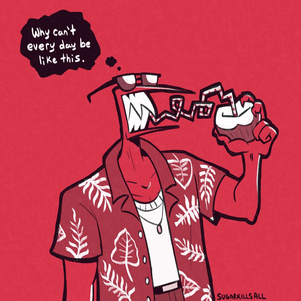 A very Red drawing of Gabby Hartnett, he is wearing a tropical shirt, sunglasses perched on his eyeless face and drinking a coconut through a very long spiralling straw. His thought bubble reads: 