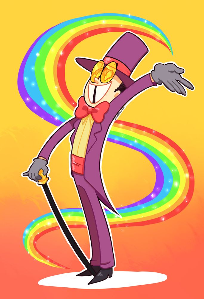 A cartoon drawing of the Warden from the adult cartoon superjail! He's holding his cane with a pinky out and extending his other hand in a flourish, a sparkly rainbow flowing out behind him. 
I think i could have exaggerated the pose further but i think this is a cute piece still :3