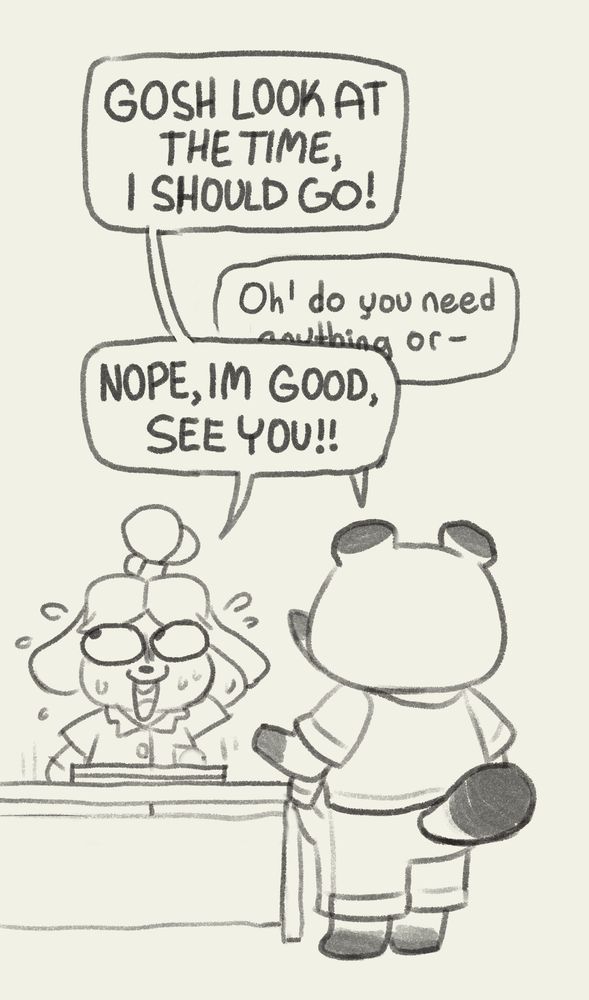 Isabelle stands up and is sweating, averting her eyes from Tom Nook. Isabelle: 